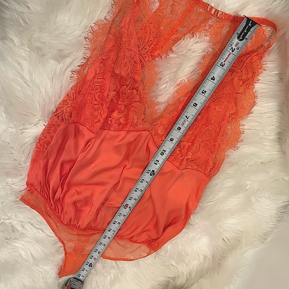 NWT free people orange satin eyelash lace cut out back thong mesh bodysuit XXS/S - Picture 2 of 13